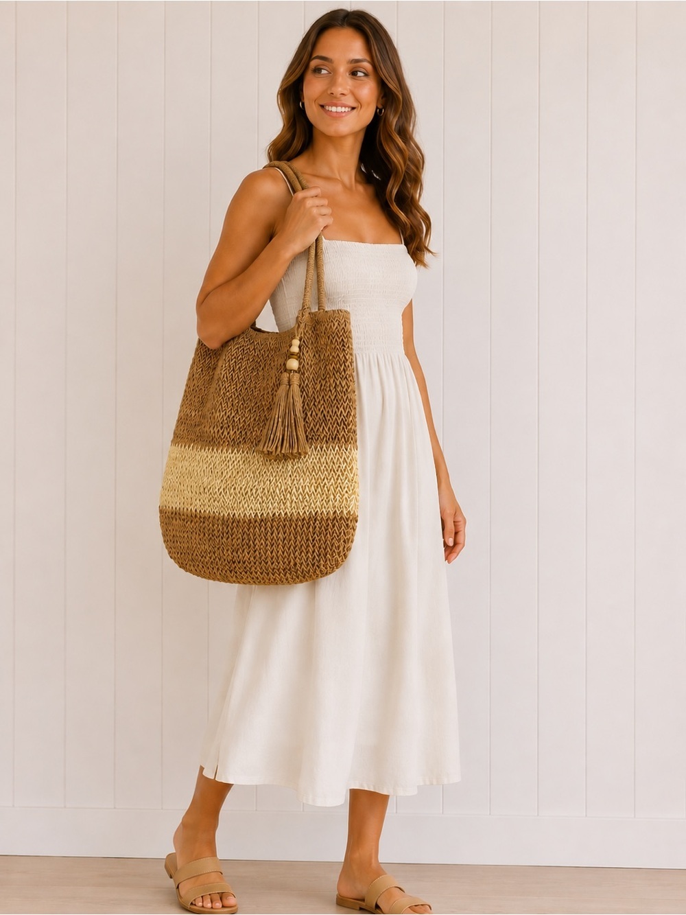Woven Two-Tone Tote Bag Boho Farmer’s Market Beach Resort Brown Cream 14.5” x 24